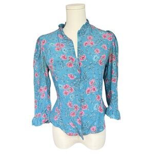 Carole Little vintage Blue and Pink Floral 100% Silk Blouse S